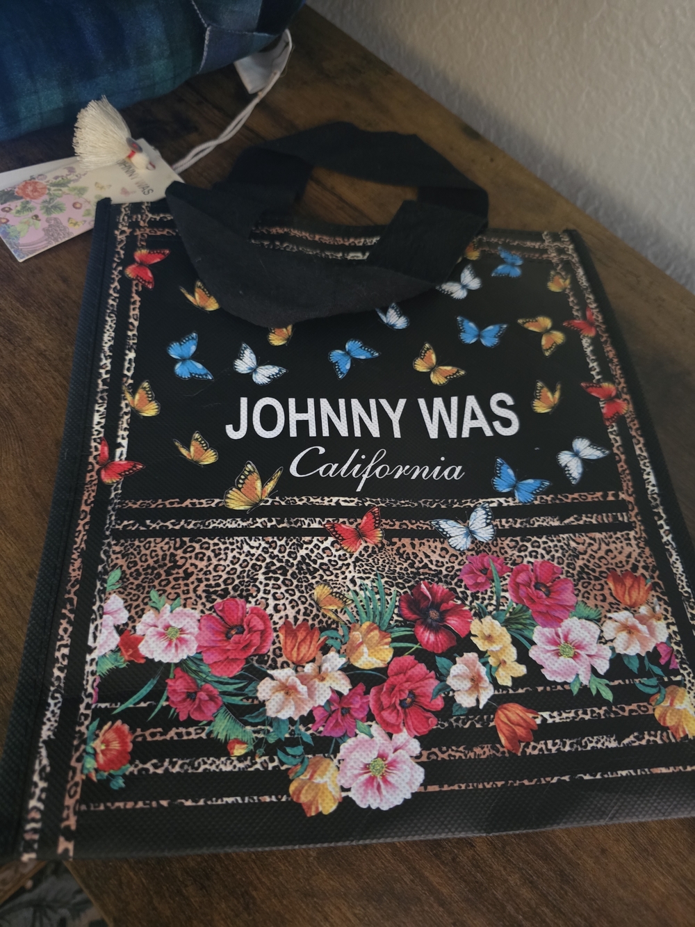 Johnny Was Black Floral & Multicolor Butterfly Tote